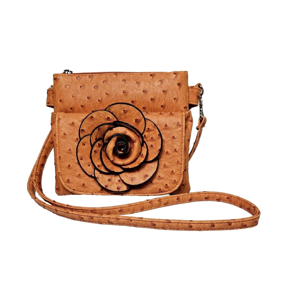 Orange Faux Ostrich Skin Cross Body Purse 3D Flower Rosette Bag Adjustable Strap